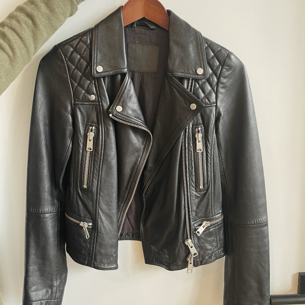 ALLSAINTS Cargo Distressed Black Leather Biker Jacket